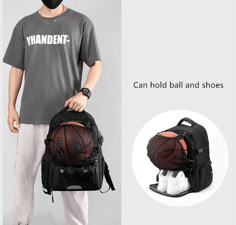 Man holding SF0808 sports backpack with shoe compartment and basketball in net pocket, highlighting versatile storage options.
